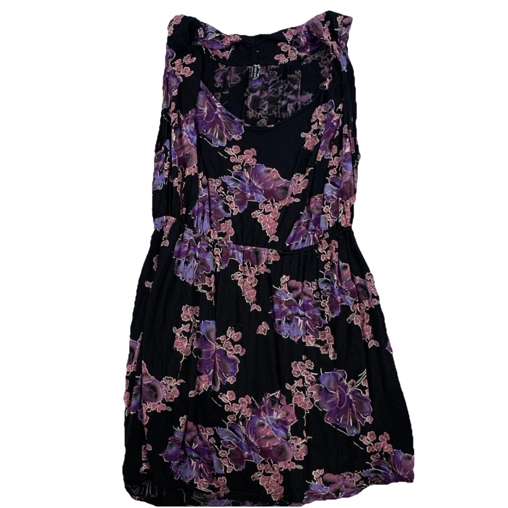 Free People Tunic Top‎  Black With Purple Flowers. Elastic Waist